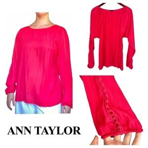 Ann Taylor satin blouse crochet latter long sleeve coral red silky large